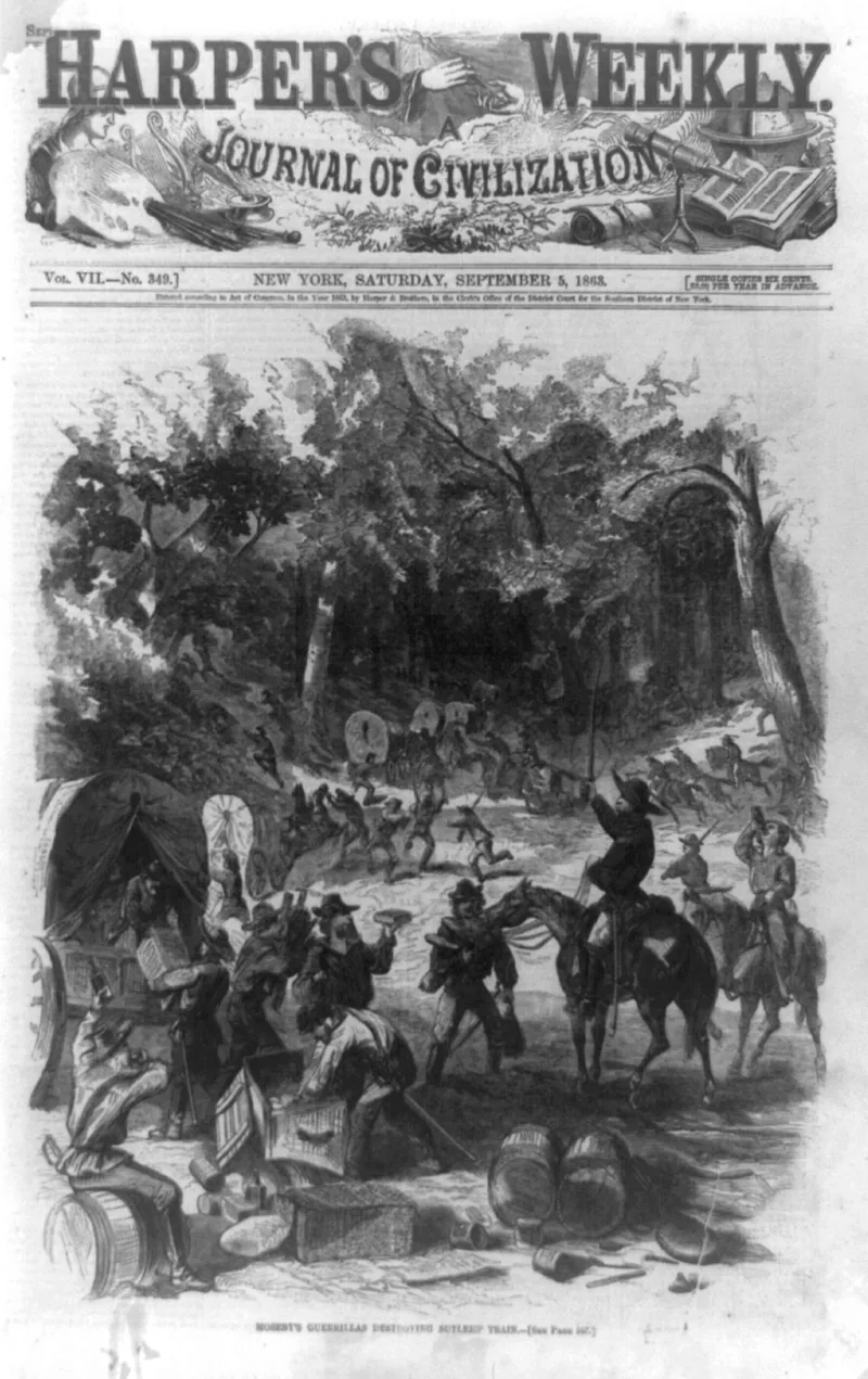 Newspaper front page under the "Harper's Weekly" masthead: an engraving of men in slouch hats breaking open crates and barrels beside covered wagons while riders wave them on in a wooded road.