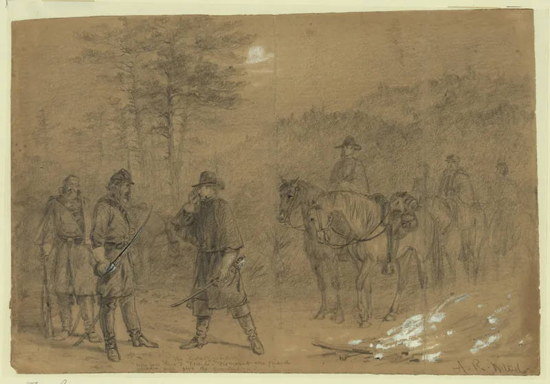 Drawing on brown paper of soldiers in caps and capes at a woodland post by moonlight; one man speaks to an officer with a drawn sword while mounted men wait beside him.