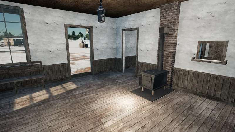 An empty waiting room with whitewashed walls over board wainscot, a bench under a window, a black box stove against a brick flue and a small ticket window; snow outside the open door.