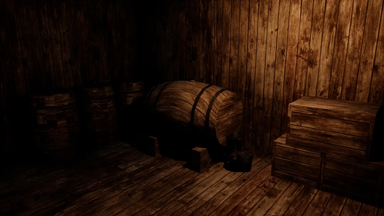 A dark storeroom with plank walls: a large barrel lies on its side on a wooden cradle, with smaller barrels behind it and stacked crates to the right.