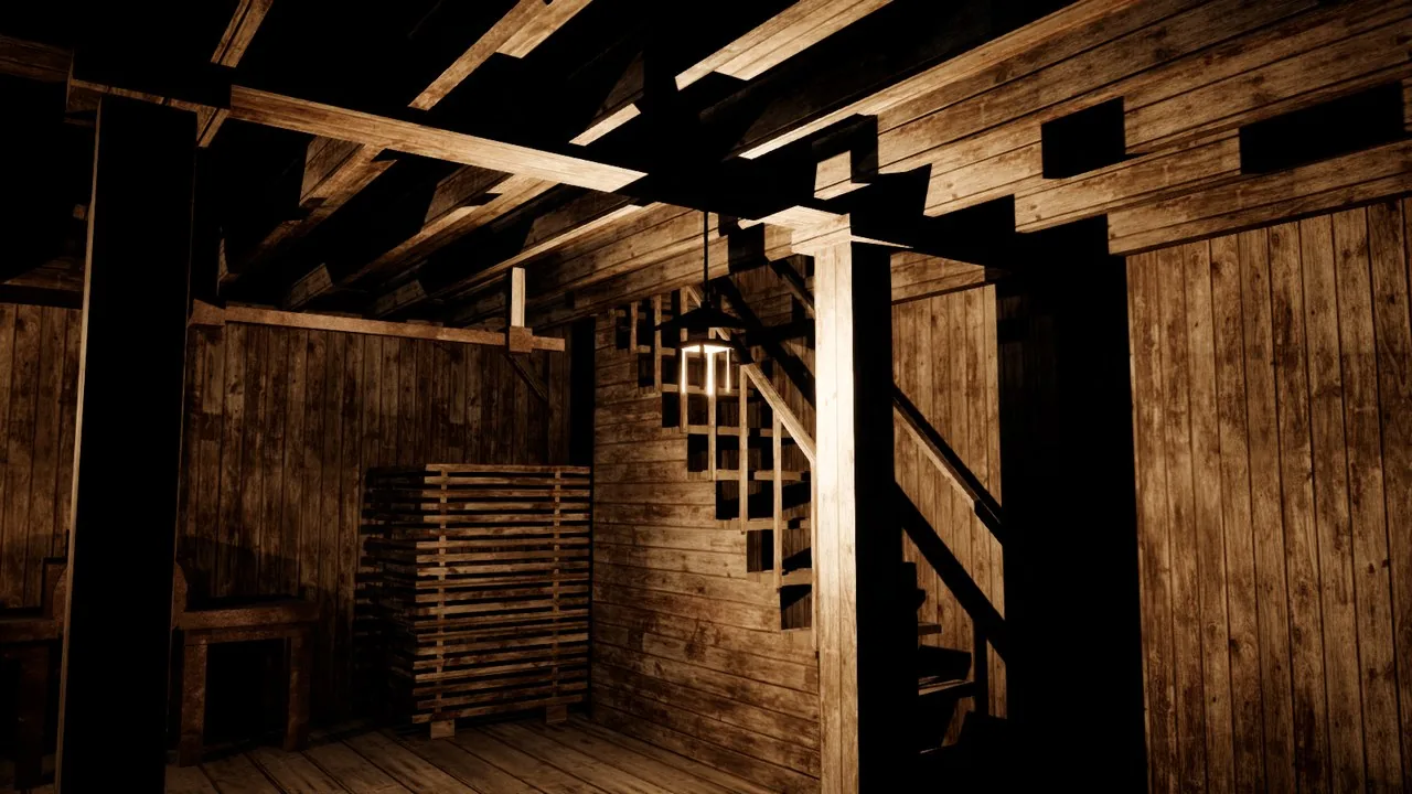 A dim timber interior: a lantern hangs beside a steep wooden stair rising to a loft, with stacked boards against the plank wall.